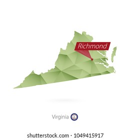Green gradient low poly map of Virginia with capital Richmond