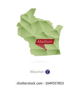 Green gradient low poly map of Wisconsin with capital Madison
