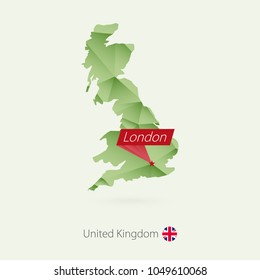 Green gradient low poly map of United Kingdom with capital London