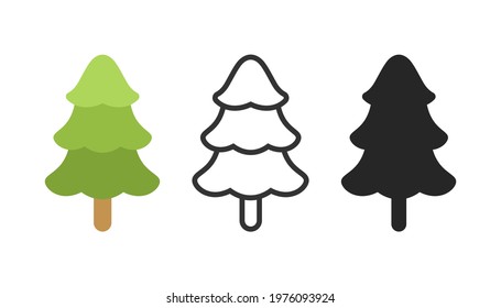 Green gradient pine tree, silhouette and outline logo icon set. Simple flat modern vector illustration design element.