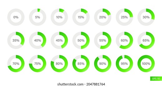 Green gradient set of infographic percentage pie chart icons in flat style design for website, app, UI, isolated on white background. EPS 10 vector illustration.