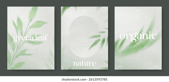 Green gradient spring background set. Minimalist poster summer and spring cover template. Green leaves geometric design. Social media, banner, card, ads. Flat vector illustration.