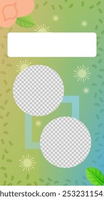 Plantilla de historia de gradiente verde. Elementos dibujados a mano con espacio para texto. Ilustración vectorial de archivo en estilo de dibujos animados.