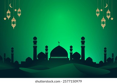 Green gradient template for islamic ramadan celebration with silhouette of mosque and desert. Hanging golden arabian traditional lanterns, crescent and star. vector illustration
