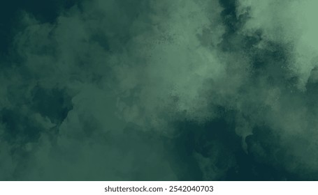 Green gradient watercolor background with clouds texture. Dark green watercolor smoke painting background.