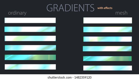 Green gradients with effects. Set or palette. Mesh and regular gradients. Bright colors. For designers. Vector illustration. Holiday colors. Graphic resources. Green color. 