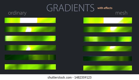 Green gradients with effects. Set or palette. Mesh and regular gradients. Bright colors. For designers. Vector illustration. Holiday colors. Graphic resources. Green color. 