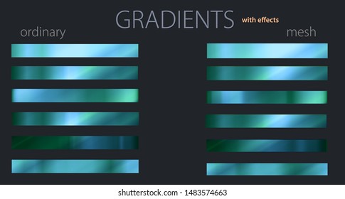 Green gradients with effects. Set or palette. Mesh and regular gradients. Bright colors. For designers. Vector illustration. Holiday colors. Graphic resources. Green color. 