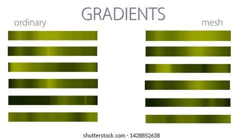 Green gradients. Set or palette. Mesh and regular gradients. Natural colors. For designers. Vector illustration. Holiday colors. Graphic resources. Green color. 