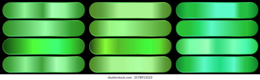 Green gradients set, simple nature, spring, cover design, metallic gradients set, green gradients collection, metallic green gradients set for fashion design, beauty makeup, design backgrounds..