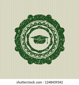Green graduation cap icon inside grunge seal