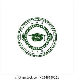 Green graduation cap icon inside rubber seal with grunge texture