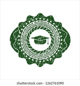 Green graduation cap icon inside distressed with rubber seal texture