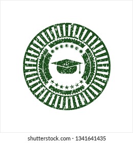 Green graduation cap icon inside distressed rubber stamp