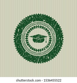 Green graduation cap icon inside rubber seal with grunge texture