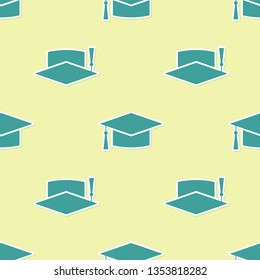 Green Graduation cap icon isolated seamless pattern on yellow background. Graduation hat with tassel icon. Flat design. Vector Illustration