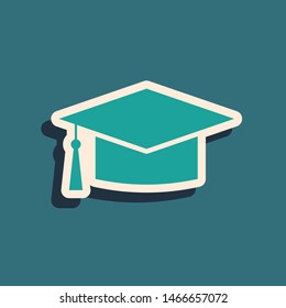 Green Graduation cap icon isolated on blue background. Graduation hat with tassel icon. Long shadow style. Vector Illustration