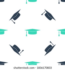 Green Graduation cap icon isolated seamless pattern on white background. Graduation hat with tassel icon. Vector.
