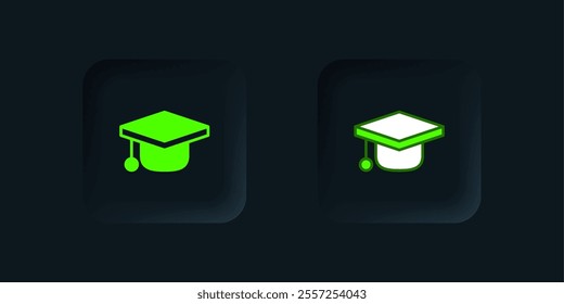 Green Graduation cap icon isolated on black background. Graduation hat with tassel icon. Black square button. Vector