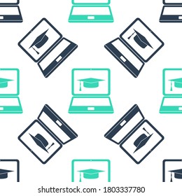 Green Graduation cap and laptop icon isolated seamless pattern on white background. Online learning or e-learning concept icon. Vector.