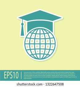 Green Graduation cap on globe icon isolated on yellow background. World education symbol. Online learning or e-learning concept. Flat design. Vector Illustration