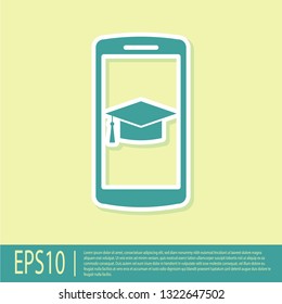 Green Graduation cap on screen smartphone icon isolated on yellow background. Online learning or e-learning concept. Flat design. Vector Illustration
