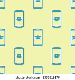 Green Graduation cap on screen smartphone icon isolated seamless pattern on yellow background. Online learning or e-learning concept. Flat design. Vector Illustration