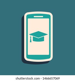 Green Graduation cap on screen smartphone icon isolated on blue background. Online learning or e-learning concept. Long shadow style. Vector Illustration