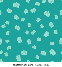 Green Graduation cap in speech bubble icon isolated seamless pattern on green background. Graduation hat with tassel icon.  Vector Illustration