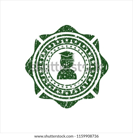 Green graduation icon inside distress rubber seal with grunge texture