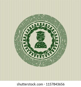 Green graduation icon inside distressed rubber grunge texture seal