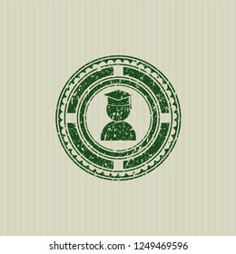 Green graduation icon inside distressed grunge stamp