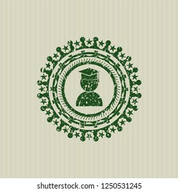 Green graduation icon inside distressed rubber seal