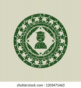 Green graduation icon inside rubber grunge seal