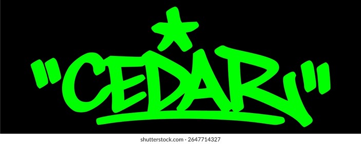 Green graffiti artwork of "Cedar" on black backdrop. Urban street art style ideal for forest, evergreen trees, and nature-focused visual content.