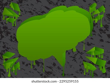 Burbuja verde del discurso de graffiti sobre fondo negro. Resumen del diseño de arte callejero moderno. Discusión, símbolo de mensaje realizado en estilo de pintura urbana.