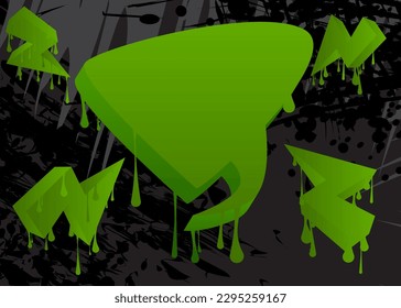 Green graffiti speech bubble on black background. Abstract modern street art design. Discussion, Message symbol performed in urban painting style.