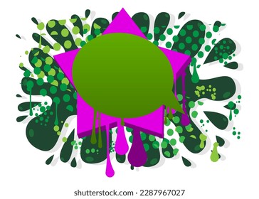 Green graffiti speech bubble with purple elements. Abstract modern street art design. Discussion, Message symbol performed in urban painting style.