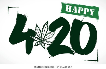 Graffiti verde o plantilla con hoja de canabis y signo para un 420 feliz.