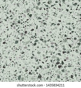 Green granite terrazzo flooring seamless texture. Realistic vector pattern of mosaic floor with natural stones, marble, granite, quartz, concrete. Classic Venetian floor. Realistic repeatable design