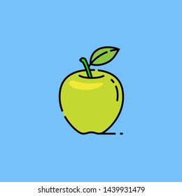 Green Granny Smith apple line icon. Healthy fruit snack symbol isolated on blue background. Natural food diet sign. Vector illustration.