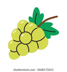 Green grape berries with leaf flat cartoon style icon. Cute wine ingredient, organic vegetarian muscat berry for poster, wallpaper design. Vector illustration.