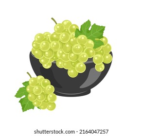 Uva verde en tazón negro aislada en blanco. Icono vectorial plano de la baya fresca madura.