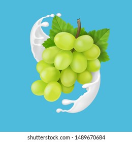 Green grape branch in yogurt or milk splash realistic illustration