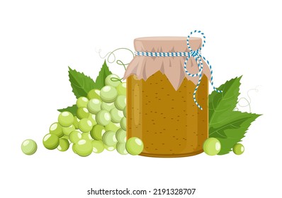 Green grape jam or confiture jar in rustic style, homemade fruit berry preserve, vector illustration on white background