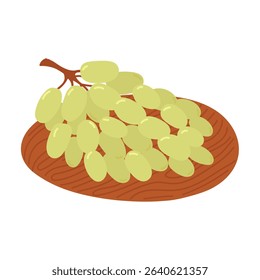 Green grape on wooden plate in flat cartoon design. Fresh ripe juicy fruit. Delicious grapevine berry for summer picnic. Healthy ingredient for vegetarian or vegan diet. Vector illustration isolated.