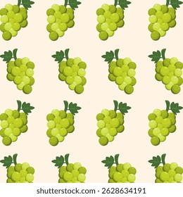 Green grape seamless pattern. Fruit and plant illustration. Healthy food cartoon
