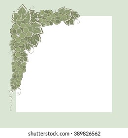 Green Grapes with leaves border. Scrapbook style composition with fresh tasty berries. Decorative border for menu or wine fest poster. Copy space. Vector illustration.