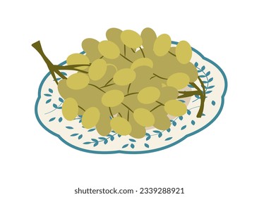 Green grapes on plate concept. Juicy fruits and berries. Natural and organic product. Picnic and leisure outdoor. Cartoon flat vector illustration isolated on white background