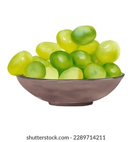 Green Grapes on Wooden Bowl Isolated Hand Drawn Painting Illustration